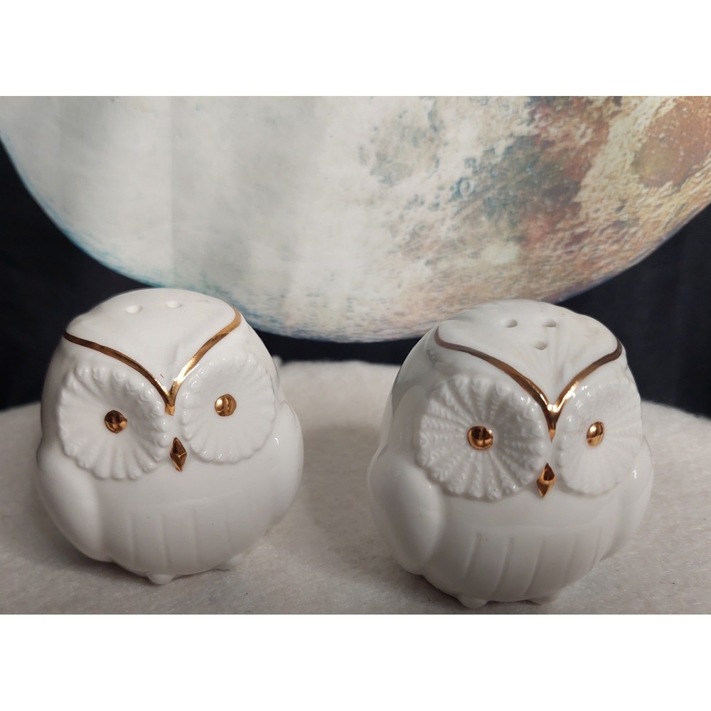 White Gold Trim Owls Salt and Pepper Shakers Vintage MCM Fairy Witch Core Decor